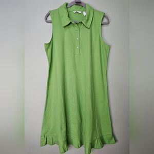 Isaac Mizrahi Live Green Sleeveless Polo Dress w Buttons, Collar, Ruffle Hem, L